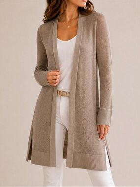 White House Black Market 100% Rayon Open Front Knit Cardigan – Taupe, S/P